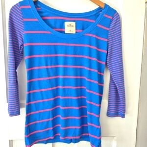Hollister Vintage Y2K 3/4 Sleeve Blue Pink Striped Scoop Neck Rugby Top Sz XS